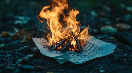 Wall Mural - Burning paper with flames and ashes on a dark background.