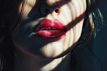 Wall Mural - Close-up of a woman's face with bold, bright red lipstick