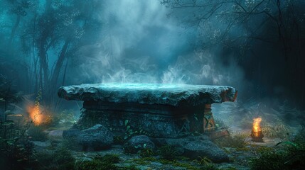 A mystical and ancient stone altar in the forest with a glowing blue center, surrounded by fog and mist and two burning torches on the sides.