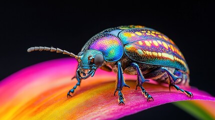 Wall Mural -   A close-up photo of a colorful insect on a vibrant blossom with a dark background