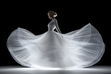 A woman in a white dress is dancing with her skirt flowing behind her. The image has a dreamy, ethereal quality to it, as if the woman is floating on air