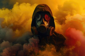 Poster - A person wearing a gas mask standing on a cloudy day, possibly preparing for a hazardous environment