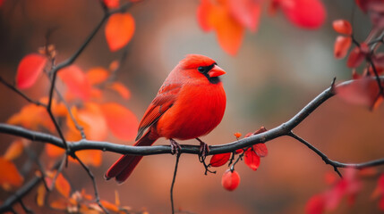 A bright red cardinal perched on a branch with autumn leaves in the background, ideal for wildlife or fall-themed designs.