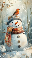 Wall Mural - A delightful, hand-painted watercolor snowman standing in a snowy landscape. The snowman is adorned with a cozy scarf, a hat topped with a little bird, and buttons down the front.For holiday cards 