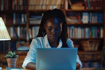 Poster - A woman sits in front of a laptop, working or browsing the internet