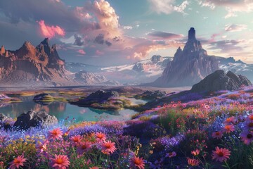 A serene mountain landscape with vibrant flowers in the foreground