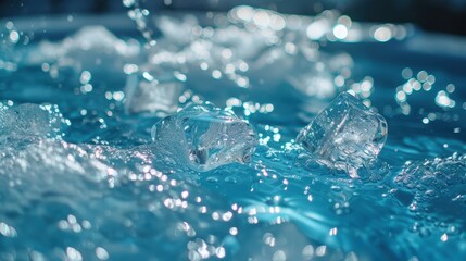 Poster - Ice cubes splashing in a bright blue pool on a sunny day
