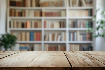 white The empty wooden table top with blur background of bookcase. Exuberant image with generative ai