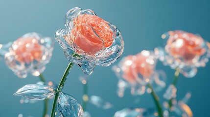 Canvas Print - Closeup of a delicate, transparent rose with water droplets, captured against a soft blue backdrop.