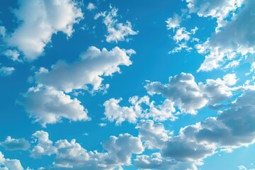 Sticker - Aerial view of a plane soaring through a bright blue sky with clouds