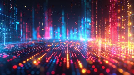 Poster - Abstract digital landscape with vibrant colors and light patterns in a futuristic setting