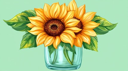 Poster -   A sunflower in a glass vase on a light green background with a blue backdrop and green leaves