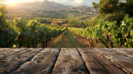 Scenic vineyard at sunset with wooden tabletop in the foreground and rolling hills in the background