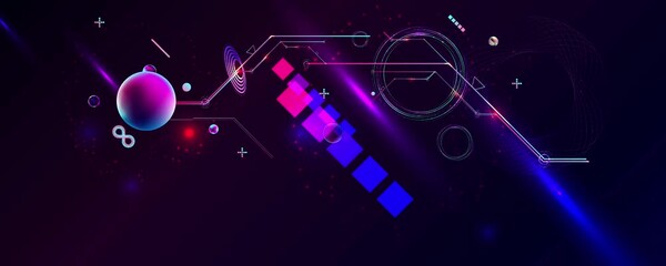 Wall Mural - Dark retro futuristic art neon abstraction background cosmos new art 3d starry sky glowing galaxy and planets blue circles