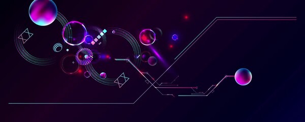 Wall Mural - Dark retro futuristic art neon abstraction background cosmos new art 3d starry sky glowing galaxy and planets blue circles