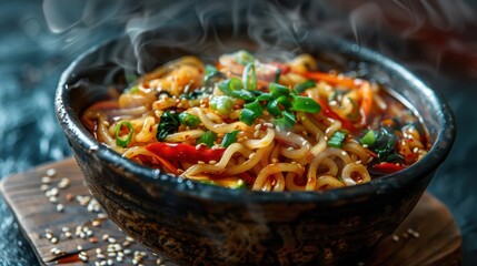 Wall Mural - Hot bowl of steaming noodles with vegetables and herbs served on a wooden board