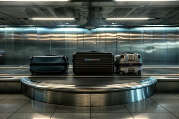 Wall Mural - Suitcases and travel bags awaiting processing at an airport or transportation hub