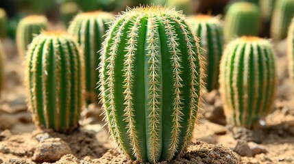 Canvas Print -   A close-up of a green cactus in a dirt field with other cacti in the background