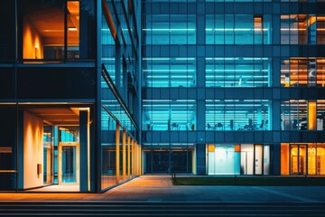 Poster - A city building with many windows lit up at night, providing a sense of activity and energy