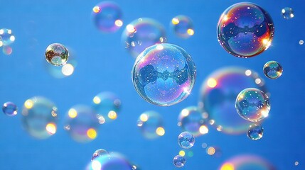 Poster -   Soap bubbles float in the air against a blue backdrop with several tiny bubbles on the right