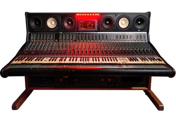 Aufkleber - A sound board with black and red buttons sitting on a table, ideal for use in presentations or music production