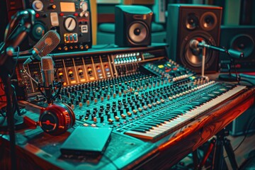 Poster - A close-up view of a sound board with a microphone and headphones, ideal for music production or live performances