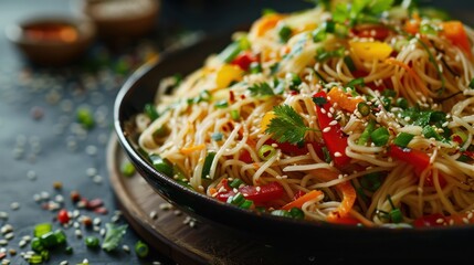 Poster - Colorful vegetable stir-fried noodles served on a wooden platter with sesame and herbs