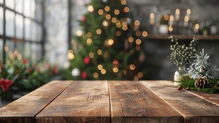 cozy wooden table with christmas tree and decorations in a festive indoor setting