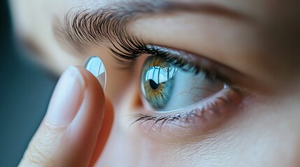 Close-up of a woman's eye with a contact lens being inserted.