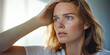 © SnowElf - A sad woman looks at her thinning hair. The problem of hair loss. Damaged Hair symptom
