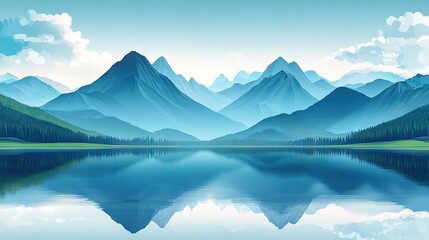 Sticker -   A stunning painting of majestic mountain ranges framing a tranquil lake in the foreground, set against a backdrop of vibrant blue sky adorned with wispy clouds