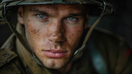 Soldier with dirt on face gazes intensely during battlefield conditions in a conflict zone