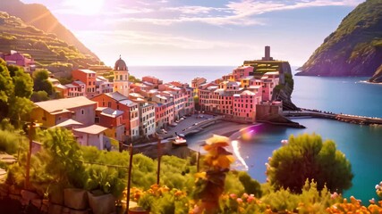 Wall Mural - Riomaggiore village in Cinque Terre, Italy, Terraced rice field and mountain in Himalayas, Nepal, Panorama of Vernazza and a suspended garden, Cinque