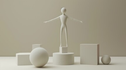 Poster - Minimalist sculptural scene with abstract shapes and a figure on a pedestal