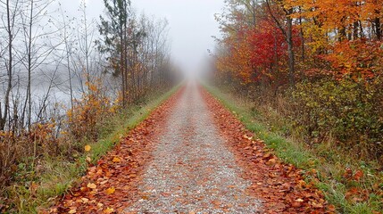 Poster -   A road winds through a dense forest carpeted in orange-yellow fall foliage