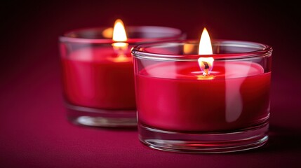 Canvas Print -   A close-up of two candles in a glass on a purple background with a red background and a black background