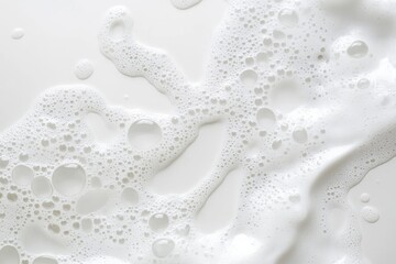 Wall Mural - White soap foam bubbles spread across a smooth surface, forming an abstract pattern and creating a visually appealing texture in bright light