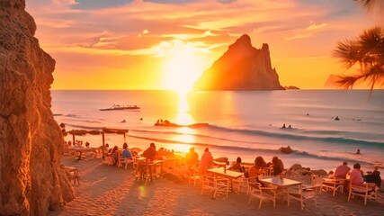 Wall Mural - Cafe on the beach at sunset, Zakynthos, Greece, Picturesque sunset over the Tongariro River and Lake Taupo