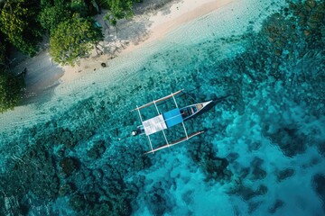 Wall Mural - A solitary boat drifting in the open ocean