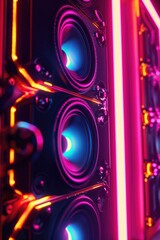 Poster - Close-up of a speaker emitting bright neon lights, ideal for use in music-related or party-themed designs