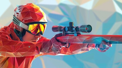 Poster - A man wearing a red jacket and holding a rifle, suitable for outdoor or hunting scenes