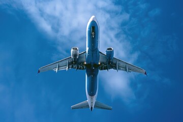 Poster - A commercial airliner soaring through the clear blue sky, with no signs of cloud cover