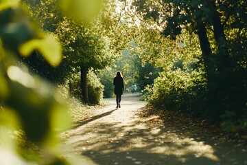 Wall Mural - A person leisurely walks along a peaceful park path embraced by vibrant greenery under the warm sunlight