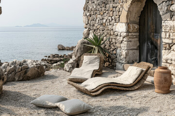 Wall Mural - Two empty sunbeds facing the sea next to a stone wall