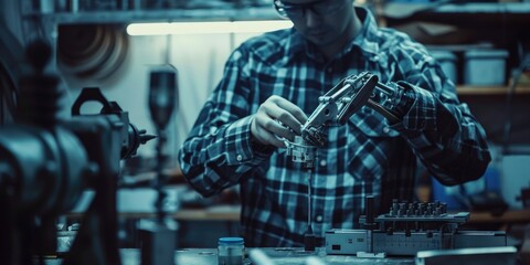 Poster - A person works on machinery in a workshop setting, with tools and equipment nearby