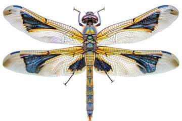 Poster - Colorful dragonfly perched on a clean white surface, great for designs or illustrations