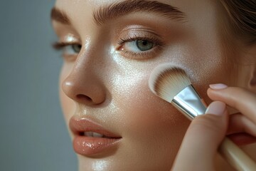 Wall Mural - A woman enjoys the application of shimmering highlighter to enhance her cheekbones, capturing a moment of beauty and skill in a professional makeup session