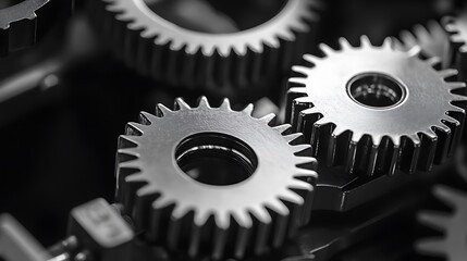 Close-up of metallic gears interlocked and working together.