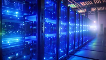 Poster - a line of computer servers neatly arranged in a large data center room., row of network servers with