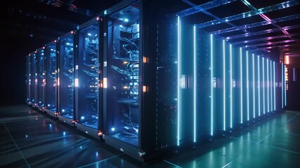 Poster - A single row of servers in a dark room, powering the infrastructure for our digitally connected society., Row of network servers with glowing LED lights